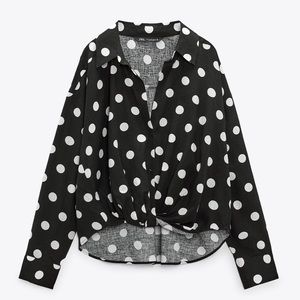 Zara NWT black& white polka dot knot front button front long sleeves shirt